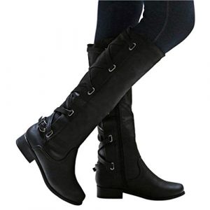 Women’s Knee High Calf Boots Combat Style Closed Toe Motorcycle Boots Classic Strap Buckle Low Heel Shoes Retro Increased Shoes